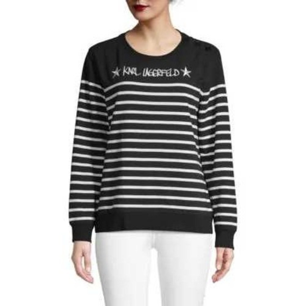 Karl Lagerfeld Paris Striped Crewneck Sweatshirt Logo Star Womens Large Nautical - Picture 2 of 16